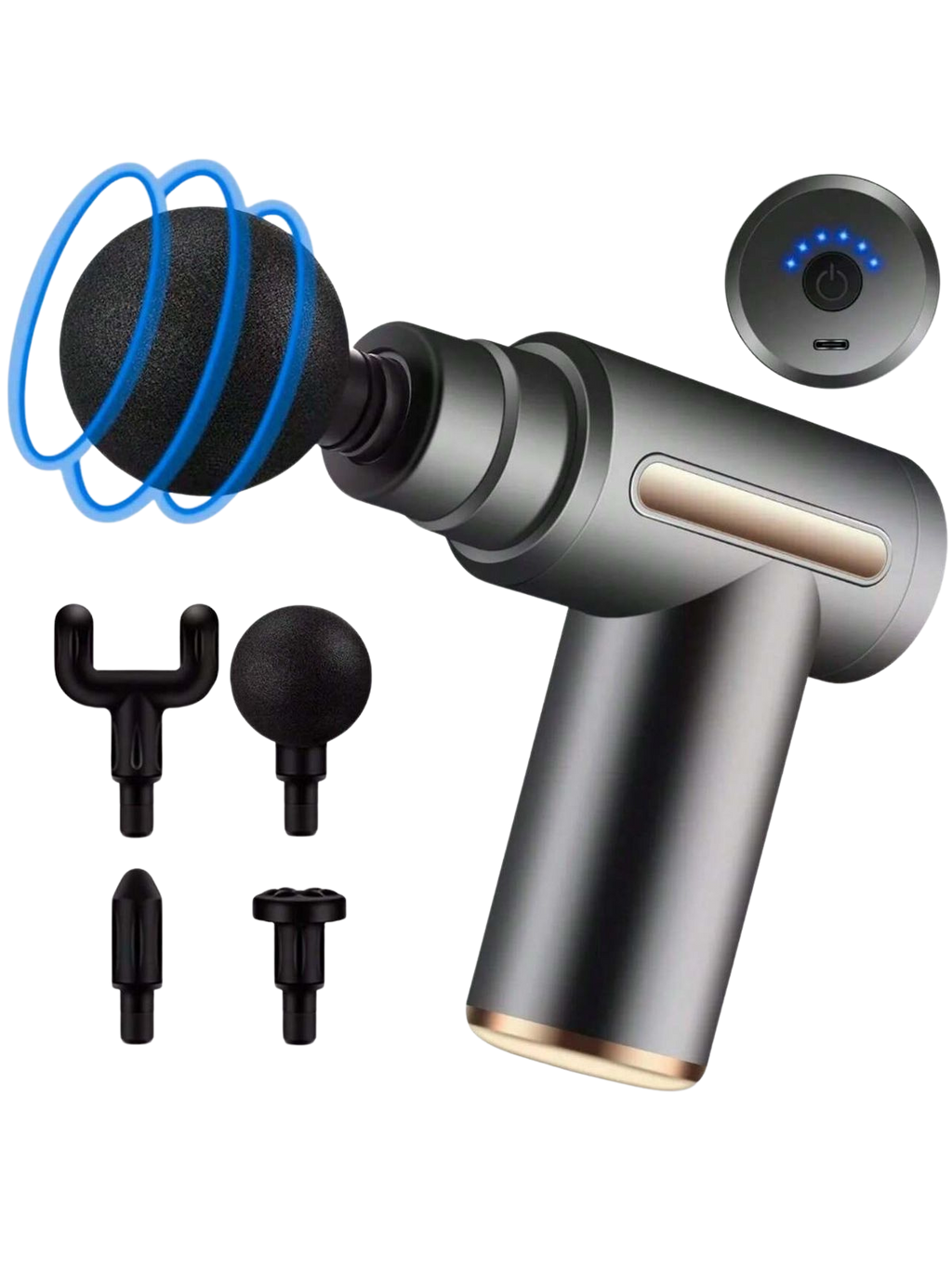 Massage gun with attachments on a white background