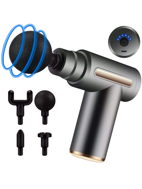 Massage gun with attachments on a white background