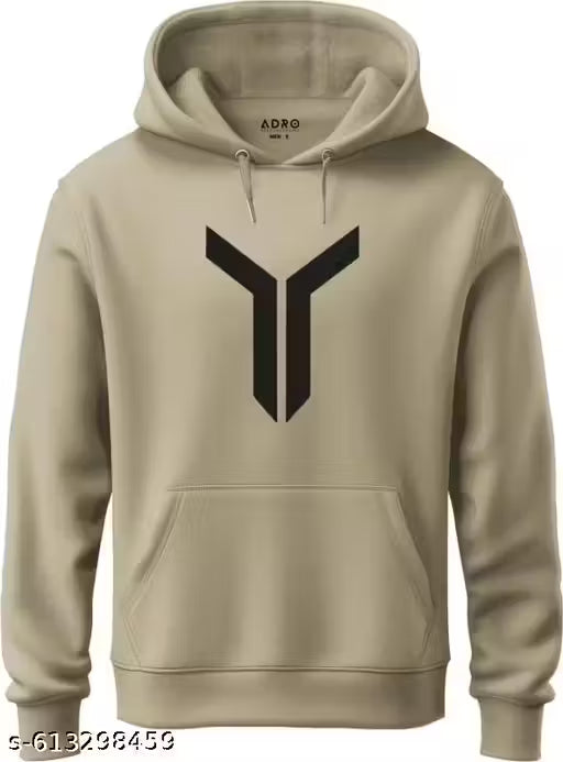 Beige hoodie with a black logo on a white background