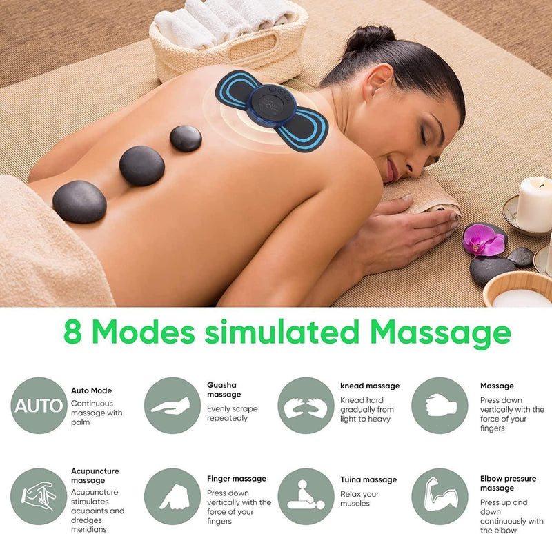 Woman receiving hot stone massage with text '8 Modes simulated Massage' and icons below.