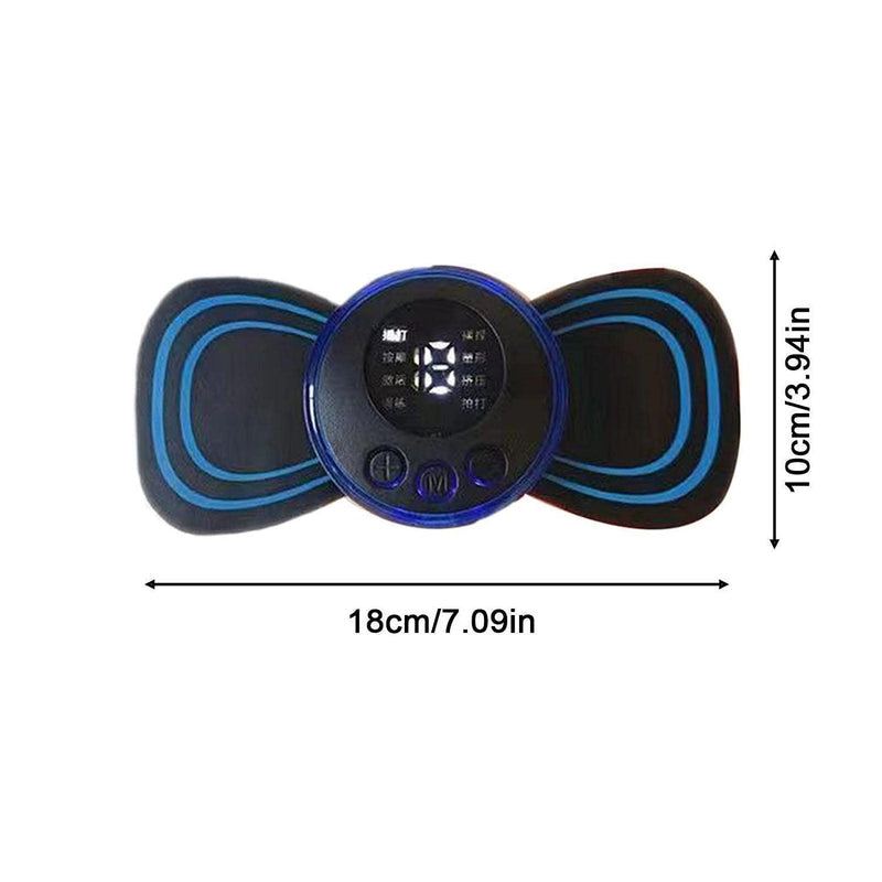 Black and blue electronic device with digital display and measurement details on a white background