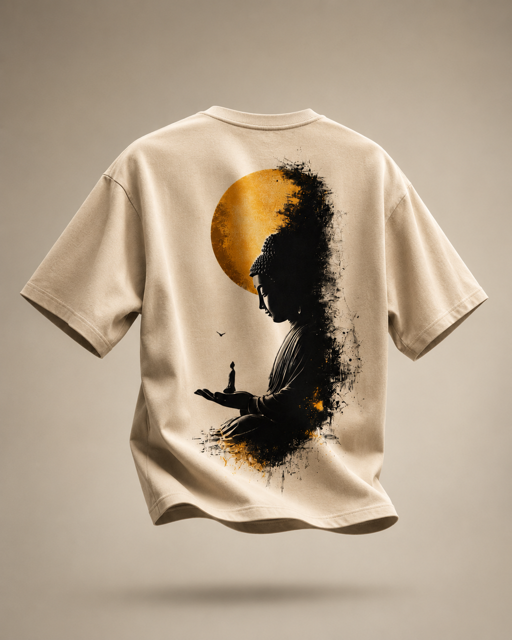 Back view of beige NIRVANA T-shirt featuring large Buddha meditation artwork with golden sun design