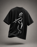Back view of black oversized Krishna T-shirt featuring large minimalist Krishna line-art design