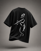 Back view of black oversized Krishna T-shirt featuring large minimalist Krishna line-art design
