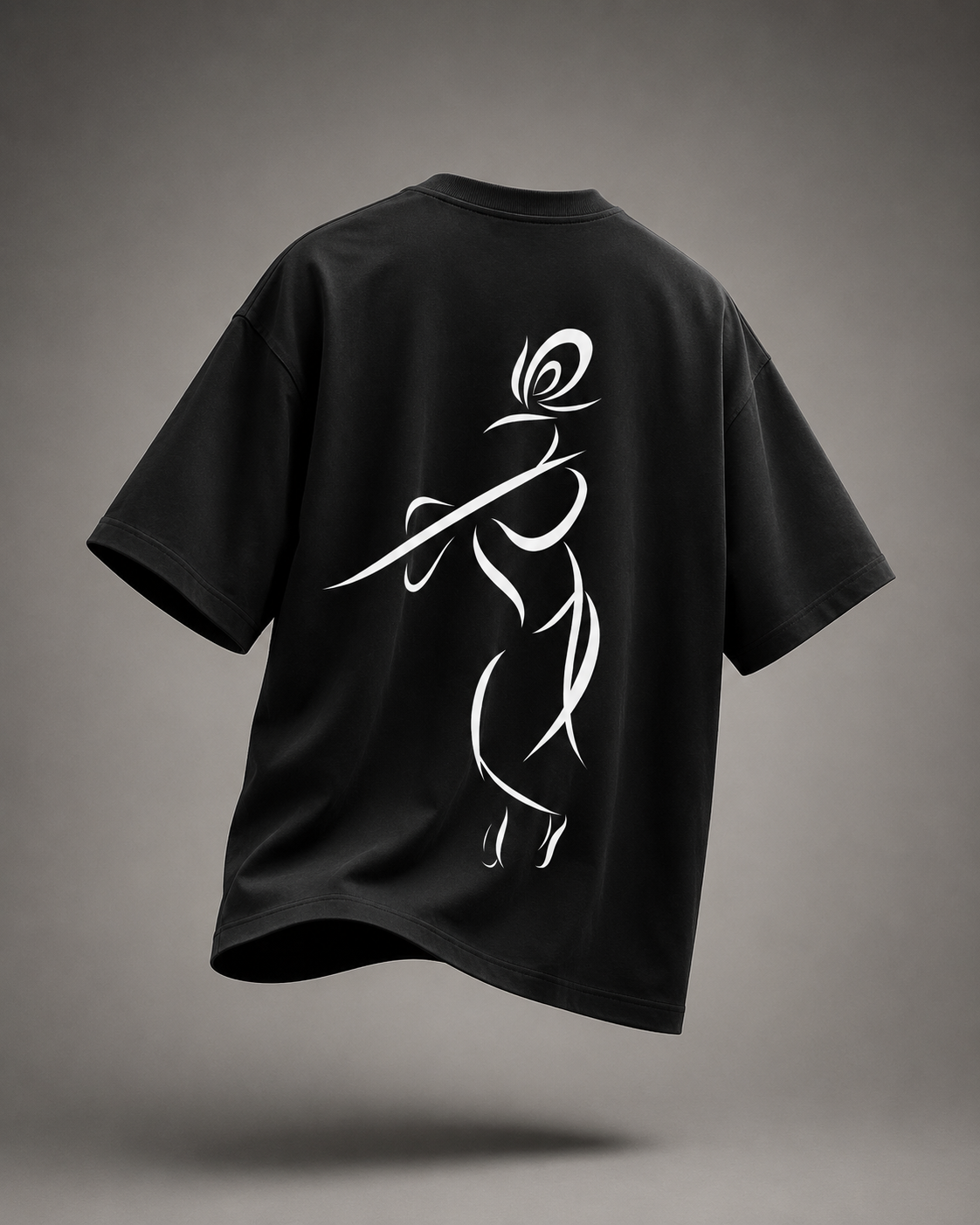 Back view of black oversized Krishna T-shirt featuring large minimalist Krishna line-art design