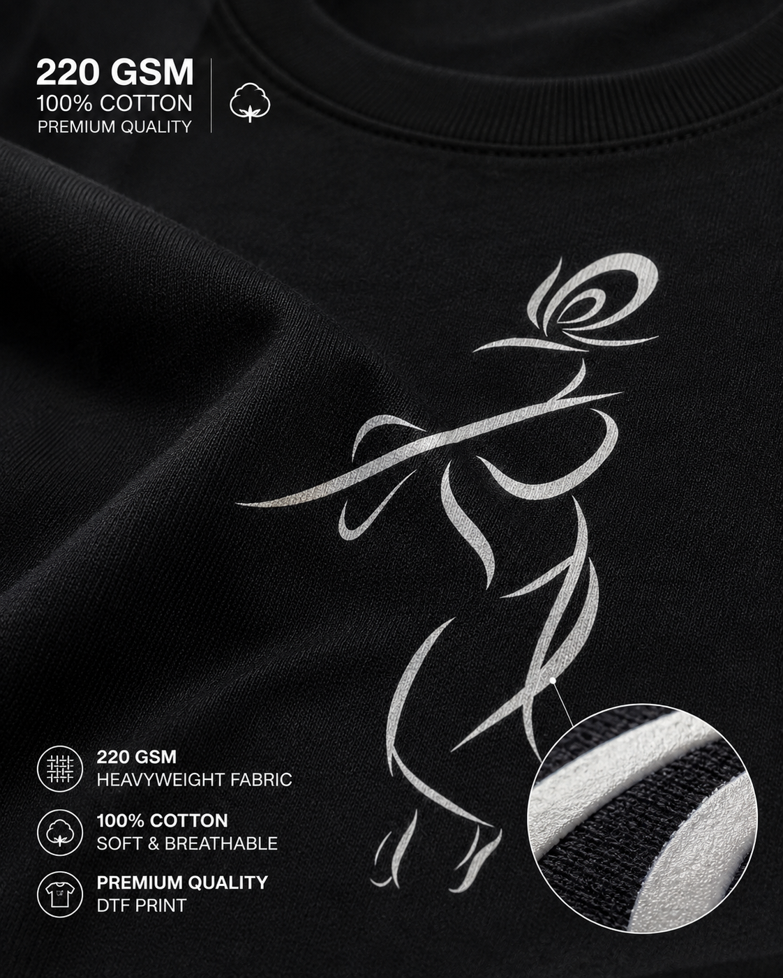 Black Krishna T-shirt with premium 220 GSM cotton fabric and detailed DTF print close-up