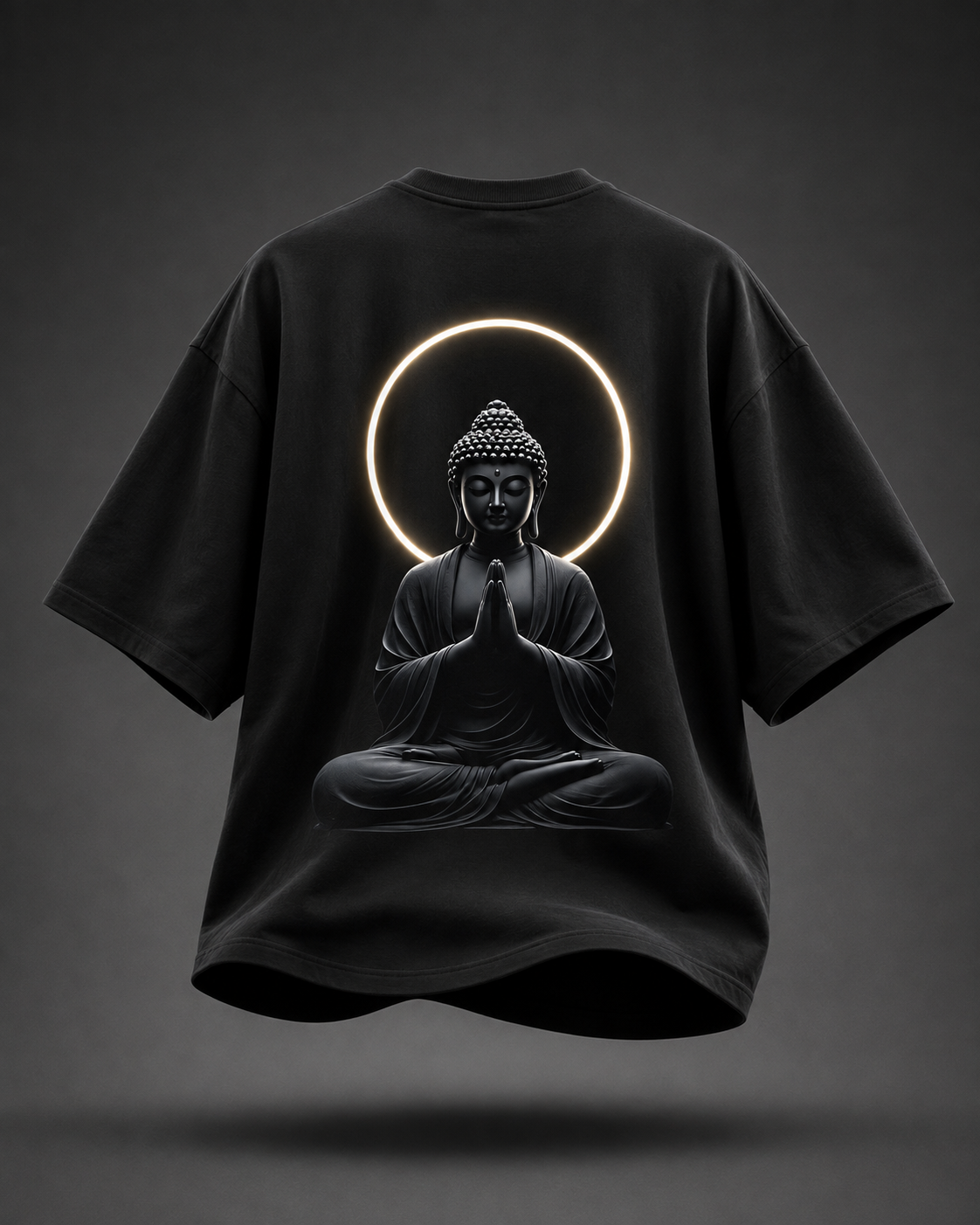 A black oversized short-sleeve T-shirt shown from the back, featuring a large graphic of a seated Buddha figure with hands in prayer, framed by a glowing circular halo. The shirt is centered on a dark gray gradient background with a soft shadow beneath it.