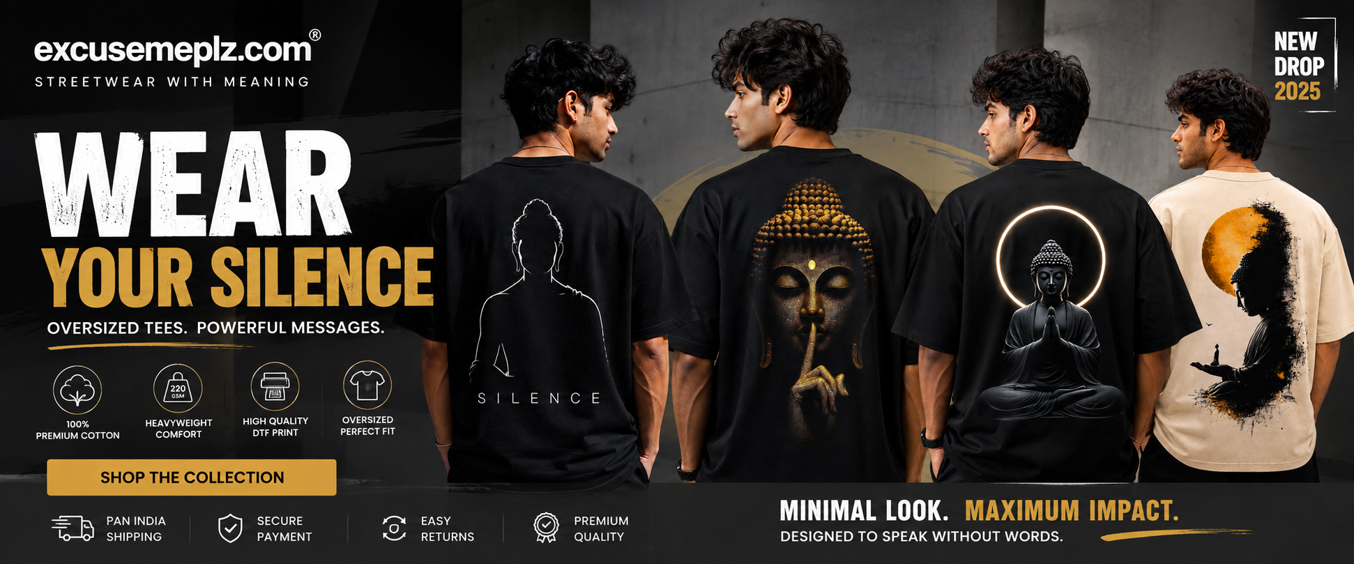 Promotional banner for oversized t-shirts by excusemeplz.com, showing four men from the back wearing black t-shirts with minimalist graphic designs (silhouettes, Buddha meditating, and a silhouette against a full moon).