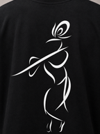 Close-up of Krishna line-art back print on premium black cotton T-shirt