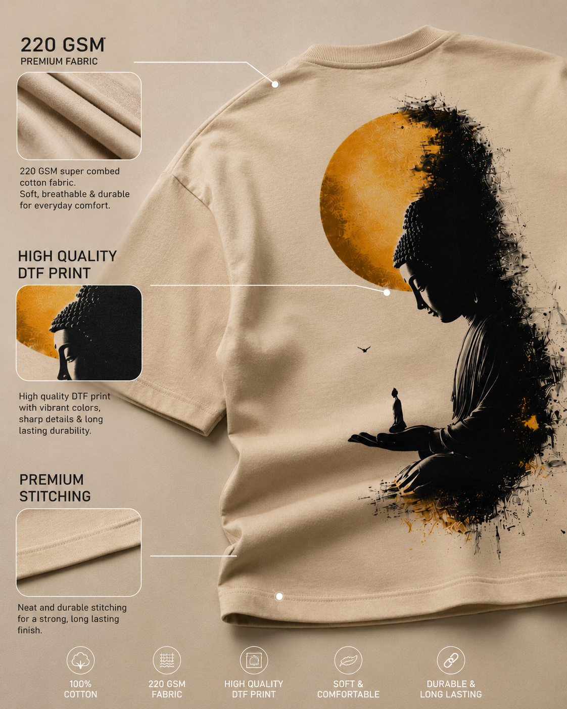 A beige T-shirt shown on a styled flat-lay background with text callouts highlighting fabric, DTF print quality, stitching, and care features. The shirt features a large black silhouette of a seated figure against a yellow circular moon graphic.