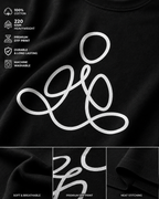 Black cotton crewneck sweatshirt featuring a large white minimalist line-art graphic on the chest. The image includes a top panel with product specifications (100% cotton, 220 GSM, premium OTF print, durable, machine washable) and three bottom detail panels highlighting the soft breathable fabric, premium OTF print clarity, and neat stitching.