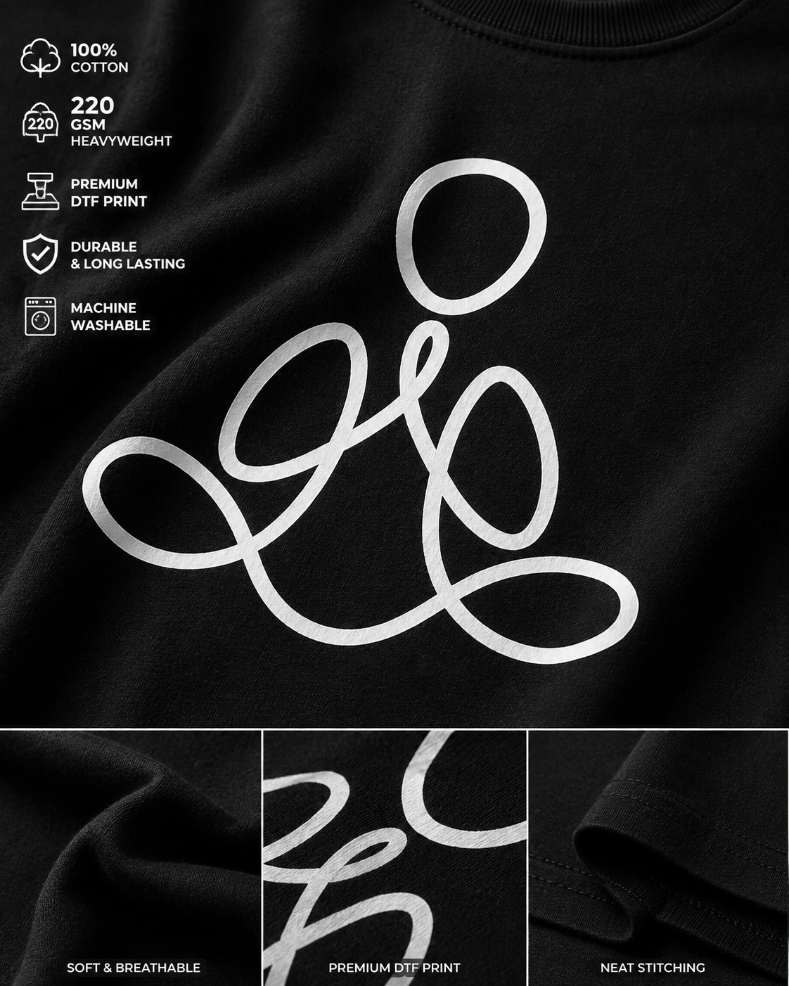 Black cotton crewneck sweatshirt featuring a large white minimalist line-art graphic on the chest. The image includes a top panel with product specifications (100% cotton, 220 GSM, premium OTF print, durable, machine washable) and three bottom detail panels highlighting the soft breathable fabric, premium OTF print clarity, and neat stitching.