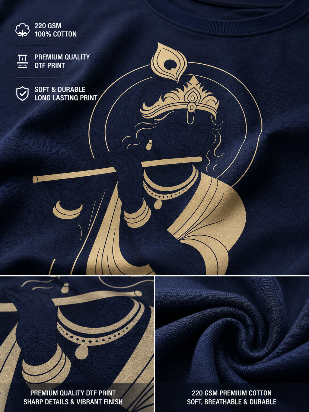 Navy blue cotton T-shirt with a large gold-toned illustration of a seated figure holding a flute, shown with feature callouts and fabric close-ups emphasizing 220 GSM cotton and DTF print quality.