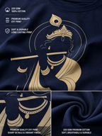 Navy blue cotton T-shirt with a large gold-toned illustration of a seated figure holding a flute, shown with feature callouts and fabric close-ups emphasizing 220 GSM cotton and DTF print quality.