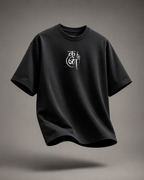 Front view of black 220 GSM cotton T-shirt with minimalist Krishna-inspired chest print