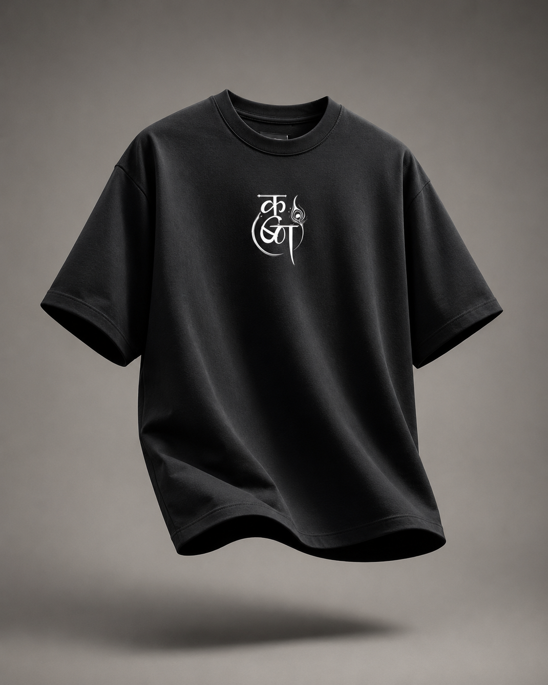 Front view of black 220 GSM cotton T-shirt with minimalist Krishna-inspired chest print