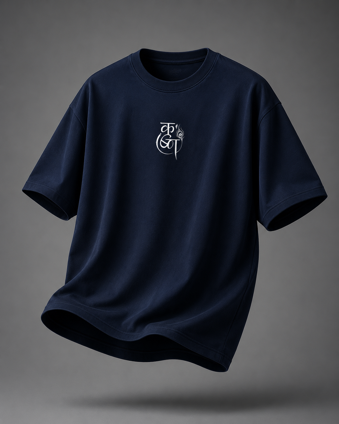 A navy blue short-sleeve t-shirt with a small white graphic logo on the left chest, shown floating against a dark gray gradient background.