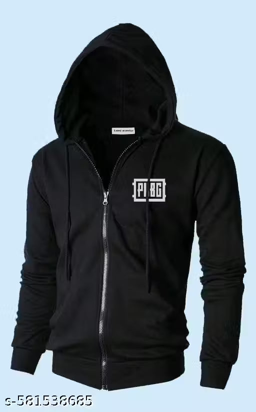 Black hoodie with a zipper and visible brand logo on a light blue background