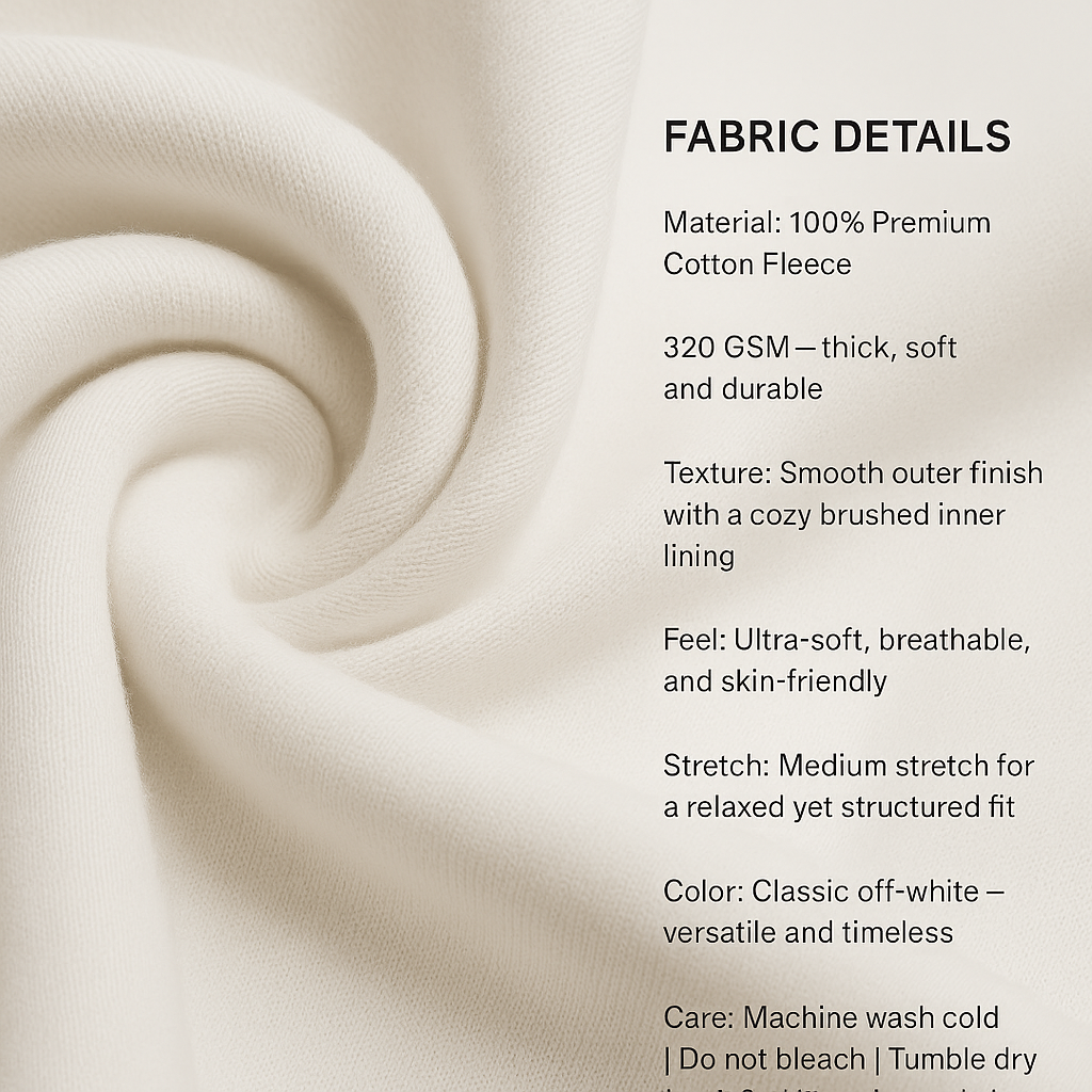 Close-up of beige fabric with text detailing fabric properties.