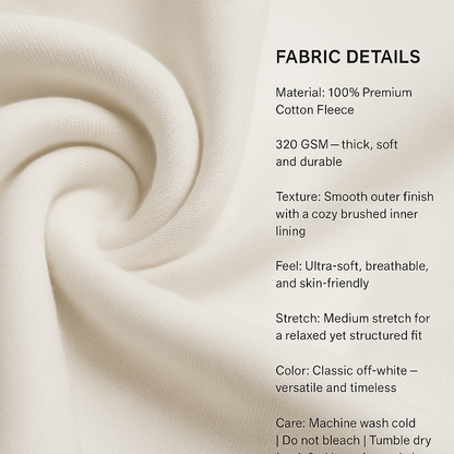 Close-up of beige fabric with text detailing fabric properties.