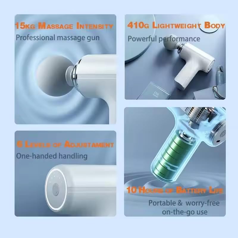 Massage gun with features highlighted on a blue background