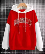Red hoodie with 'Los Angeles California' text on a hanger against a tiled wall background