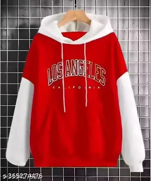 Red hoodie with 'Los Angeles California' text on a hanger against a tiled wall background